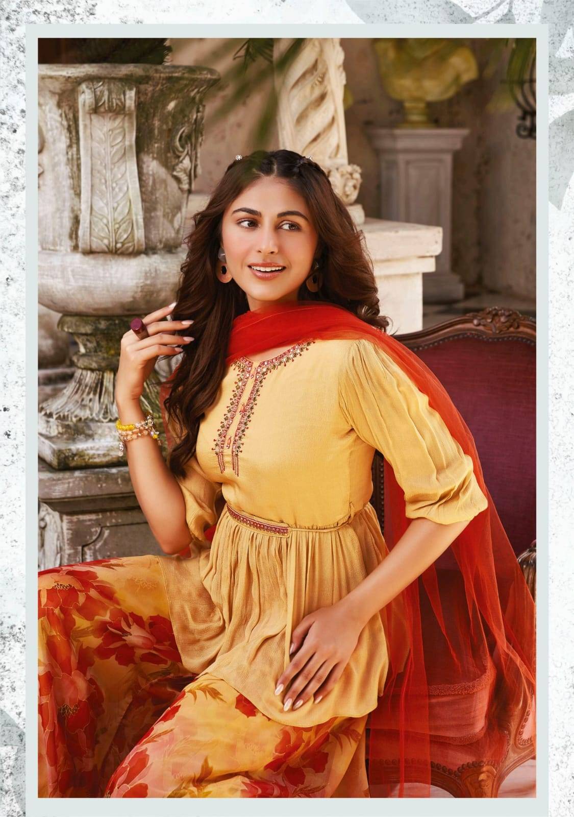 Sassy girl vol-3 by Anu fabrics 7221 TO 7226 SERIES Indian PURE CHINON CHIFFON party wear designer kurti with palazo At Wholesale Price